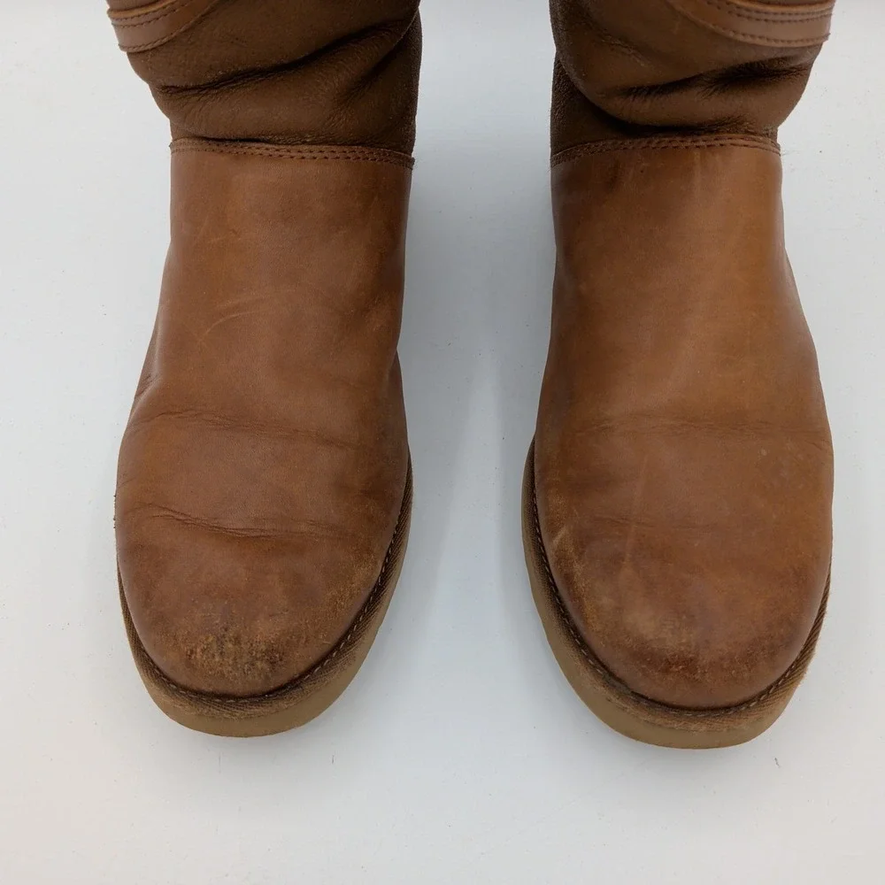 UGG Alba 1014442 Women Brown Leather Shearling Lined Zip Mid Calf Boots Size 8.5